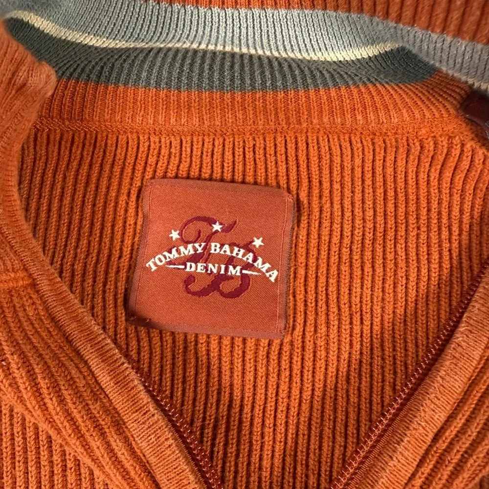 Tommy Bahama Denim Mens Large Orange Ribbed Cotton 1/4 Zip Pullover Sweater